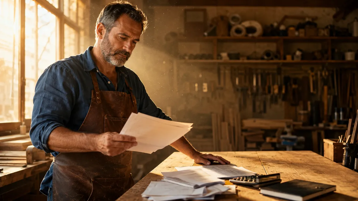 Hombre autónomo de mediana edad en su taller de carpintería, revisando la Ley de Segunda Oportunidad para su negocio