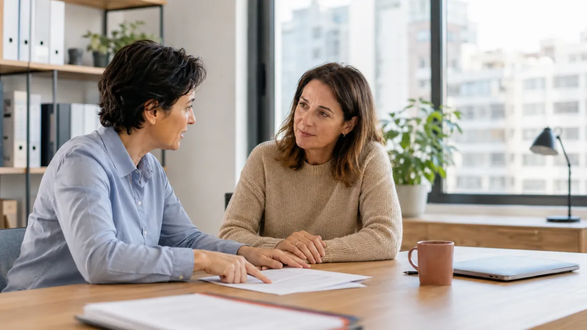 Abogada y cliente conversando en un despacho sobre su expediente de Ley de Segunda Oportunidad en Madrid