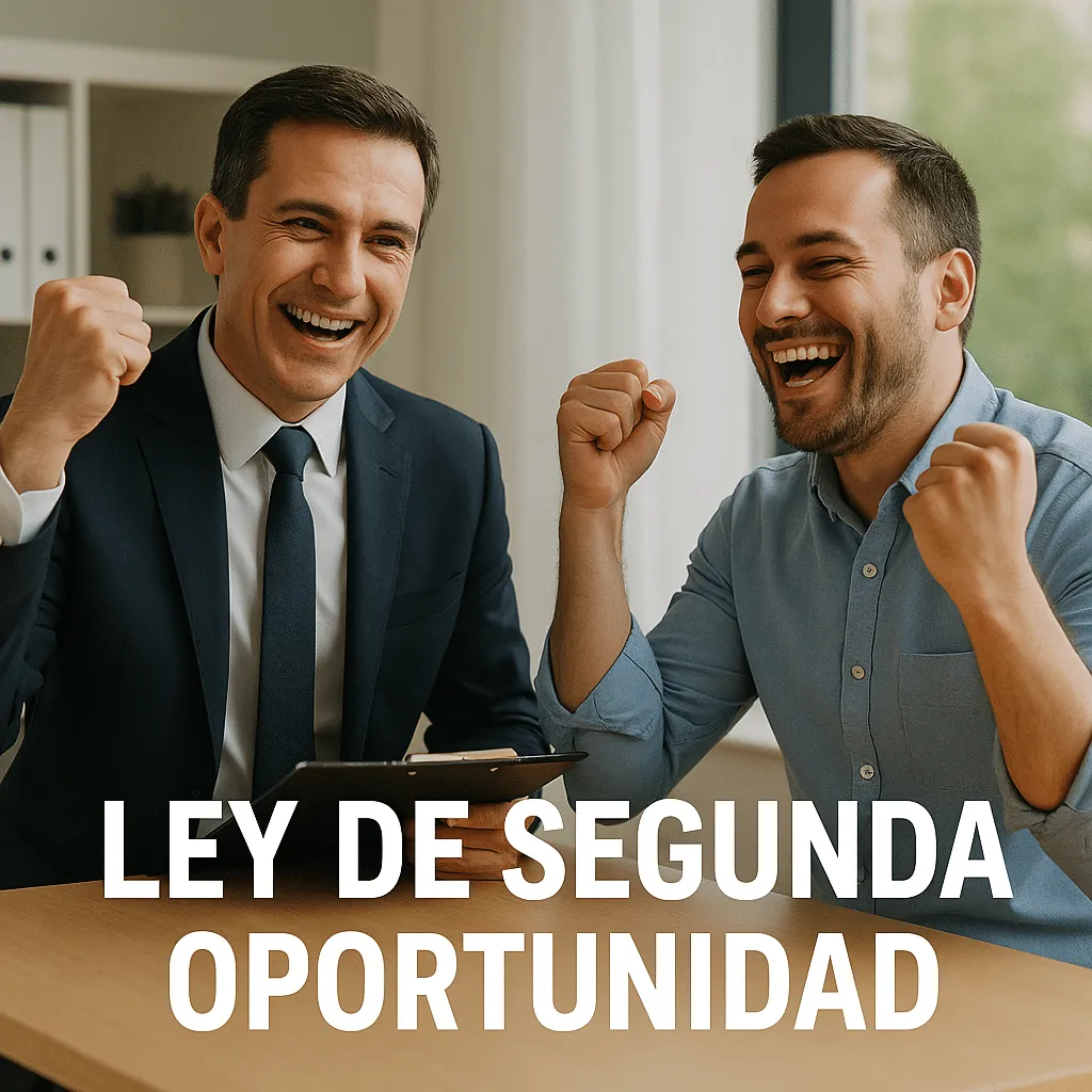 Cliente y abogado celebrando el éxito en la Ley de Segunda Oportunidad, sonriendo y levantando los puños.