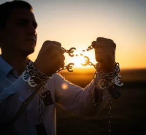 Persona rompiendo unas cadenas que simbolizan las deudas, mirando hacia un amanecer esperanzador que representa una segunda oportunidad financiera.
