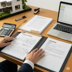 Manos de una persona organizando sobre un escritorio la documentación necesaria, como un plan de pagos y escrituras, para iniciar el expediente de la Ley de la Segunda Oportunidad y proteger su vivienda