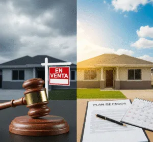 Imagen comparativa que muestra dos caminos para una vivienda bajo la Ley de Segunda Oportunidad: a la izquierda, la liquidación representada por un martillo de juez, y a la derecha, la conservación del hogar mediante un plan de pagos estructurado