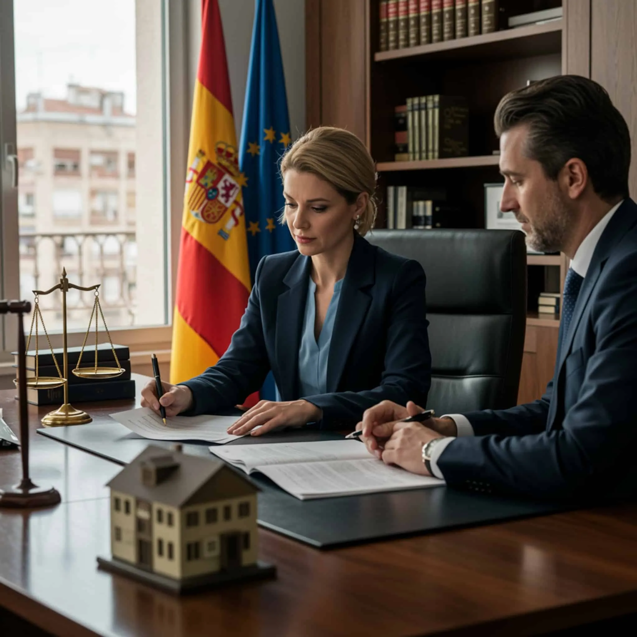 Abogada revisando un plan de pagos con cliente, balanza de justicia y modelo de casa en despacho moderno