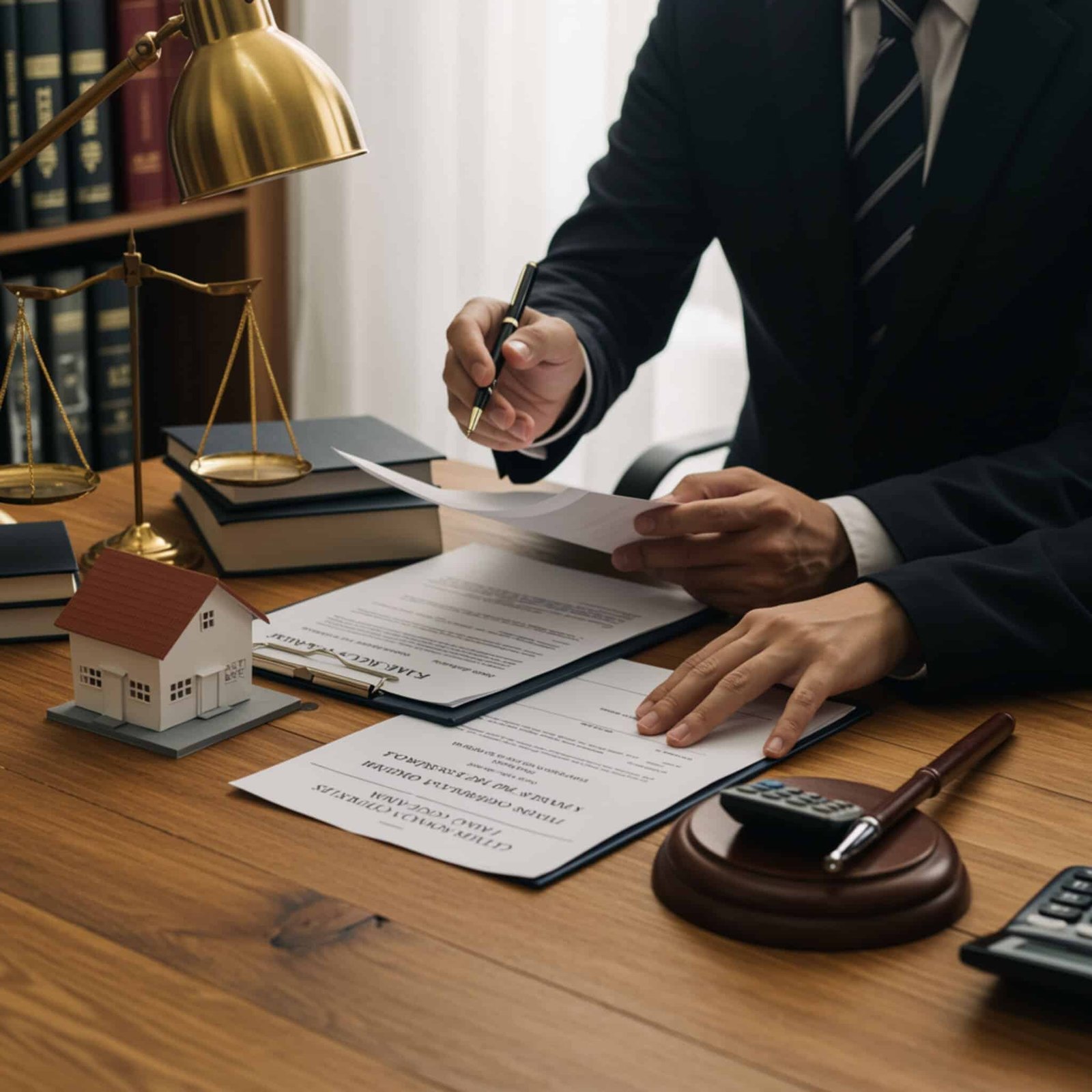 Asesoría Ley Segunda Oportunidad Abogado y cliente revisan plan de pagos de la Ley de la Segunda Oportunidad con modelo de vivienda y calculadora