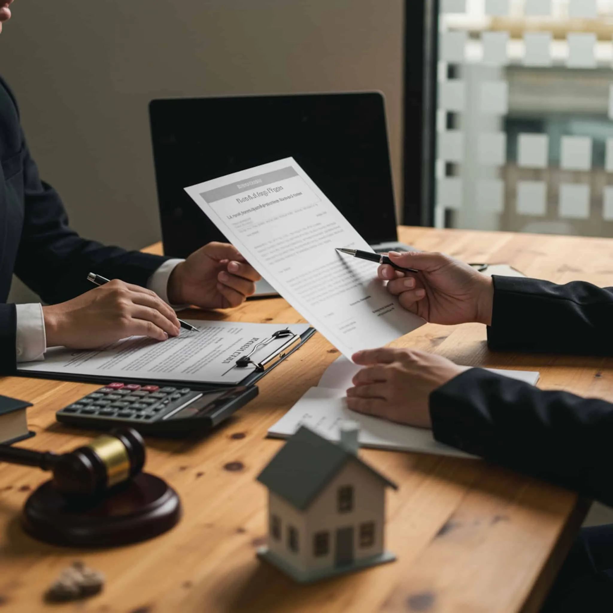 Abogado revisa plan de pagos con cliente y modelo de vivienda en despacho moderno