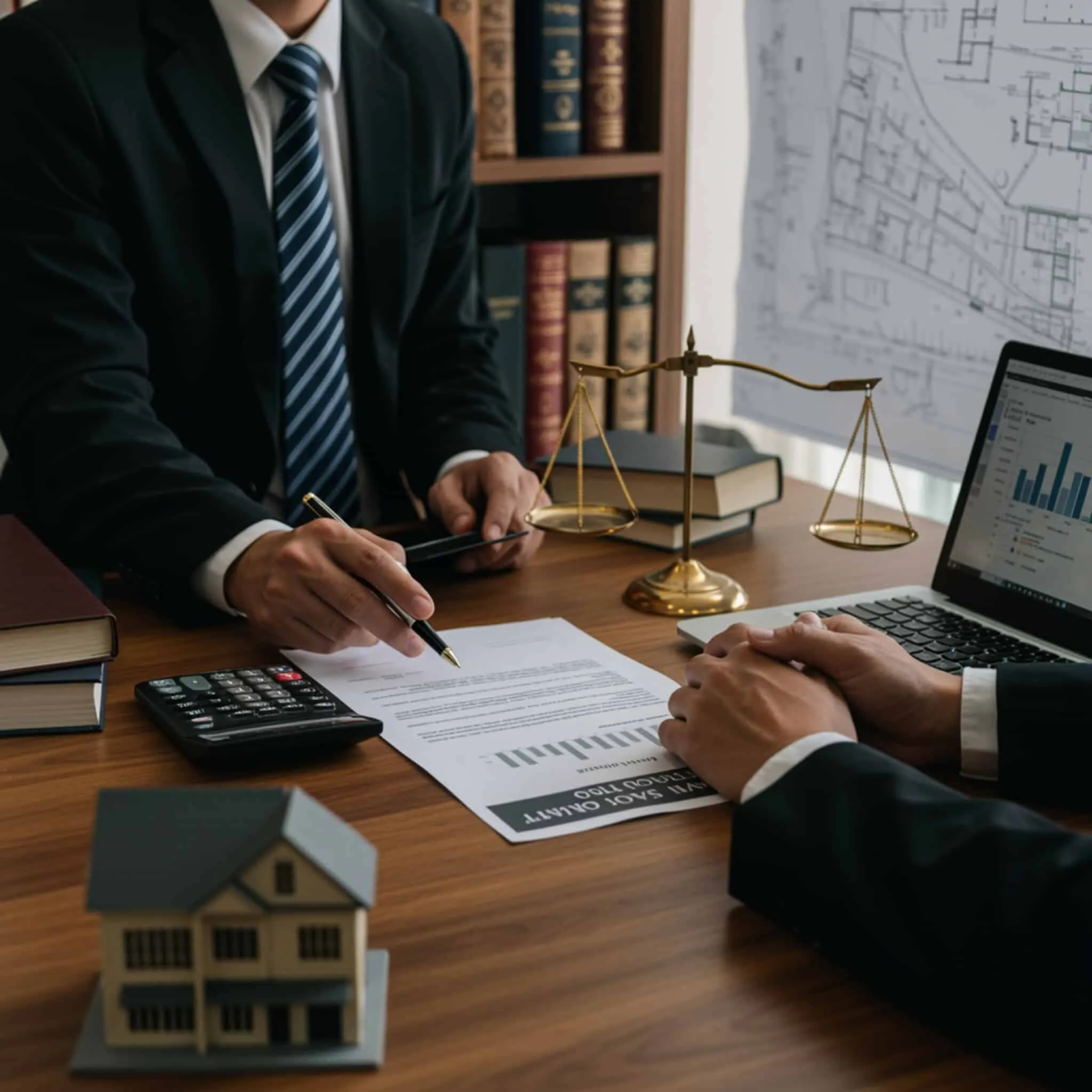 Abogado revisa plan de pagos Segunda Oportunidad Abogado y cliente revisan plan de pagos de Segunda Oportunidad en despacho profesional con documentos y laptop