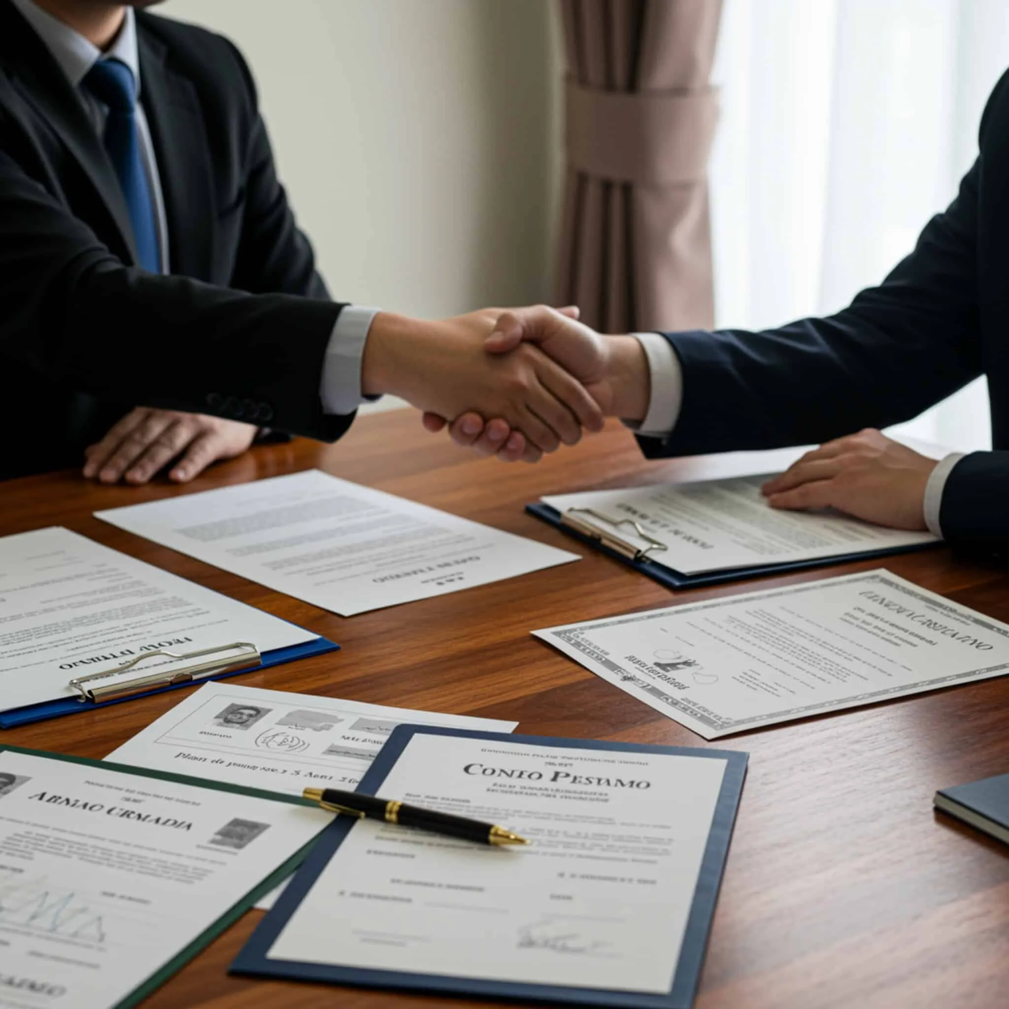 Negociación documental ante Hacienda y Seguridad Social Mesa de despacho con documentos legales para la segunda oportunidad y profesionales negociando condiciones ante Hacienda.