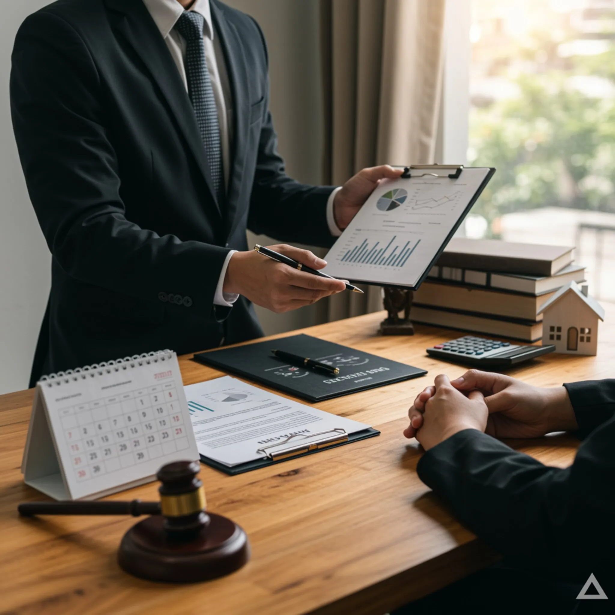 Abogados segunda oportunidad: plan de pagos y hogar seguro Abogado y cliente revisando plan de pagos con documentos, calendario y modelo de vivienda habitual.