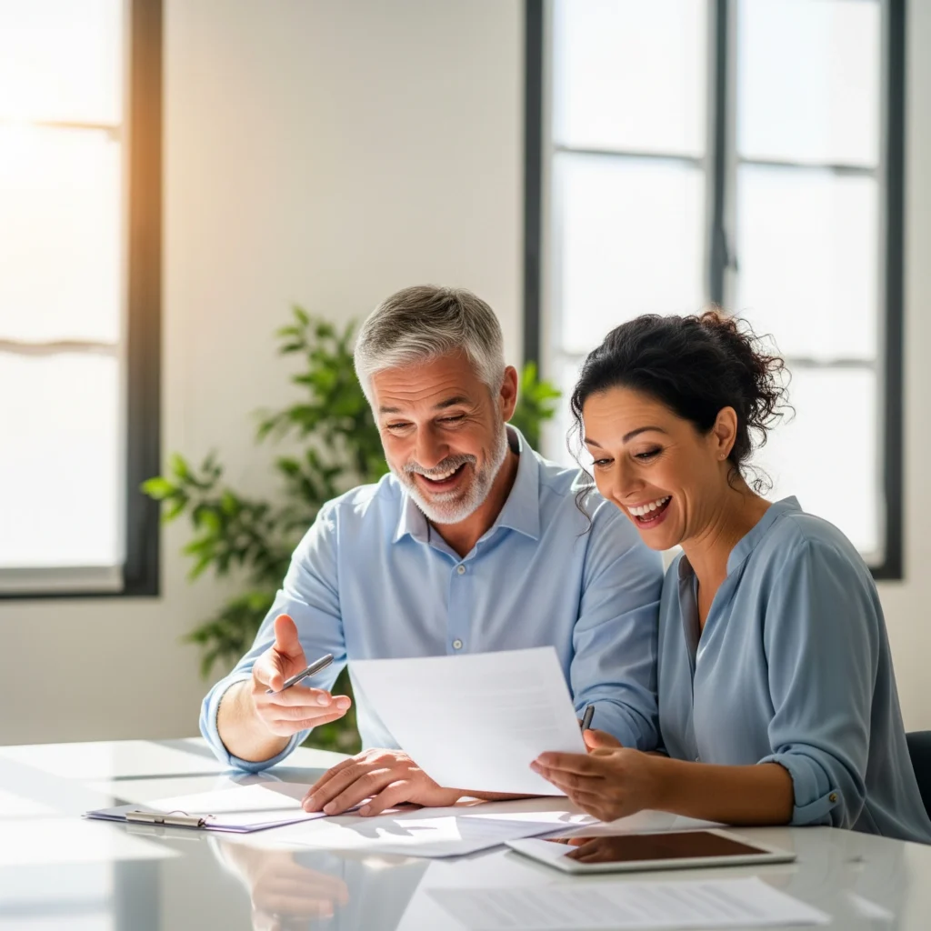 Pareja sonriente tras lograr la cancelación de deudas con la Ley de Segunda Oportunidad.