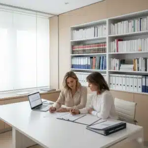 Cliente revisa su resolución de exoneración con su abogada y calendario de plazos sobre la mesa