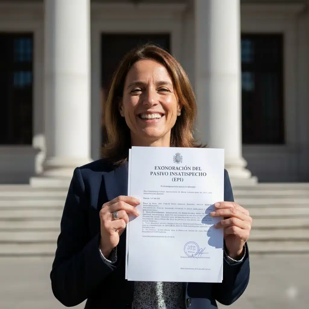 Persona sonriente al recibir la notificación judicial de cancelación de deudas mediante la Ley de Segunda Oportunidad, con un fondo de juzgado o edificio institucional.