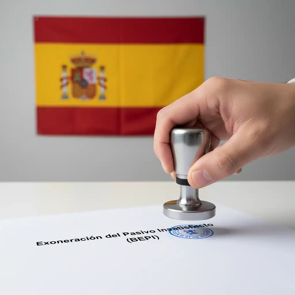 dera de España ondeando junto a documentos y formularios de la Ley de la Segunda Oportunidad, enfoque legal y profesional