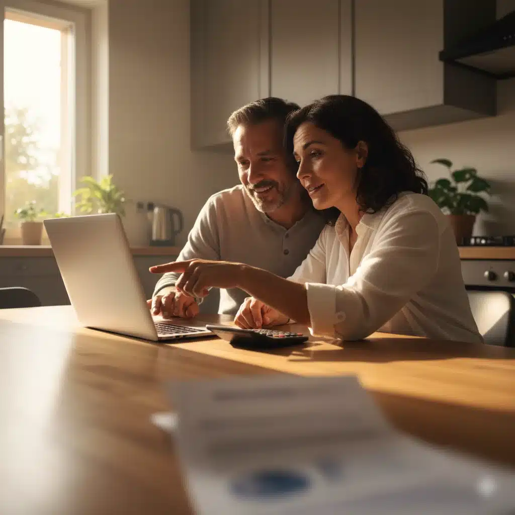 Matrimonio de mediana edad revisa sus cuentas en la cocina con un portátil y una calculadora, aliviados tras acogerse a la Ley de Segunda Oportunidad en Valencia
